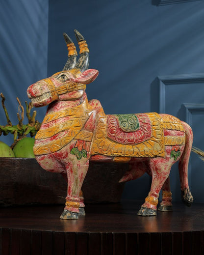 Heritage Craft in Mango Wood Nandi Painted Showpiece Table Ornament | 19 x 6 x 19 inches