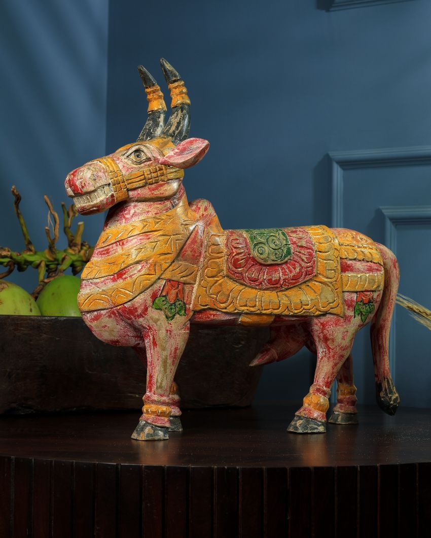 Heritage Craft in Mango Wood Nandi Painted Showpiece Table Ornament | 19 x 6 x 19 inches