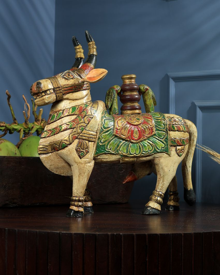 Heritage Craft in Mango Wood Nandi Painted Showpiece Table Ornament | 20 x 10 x 19 inches