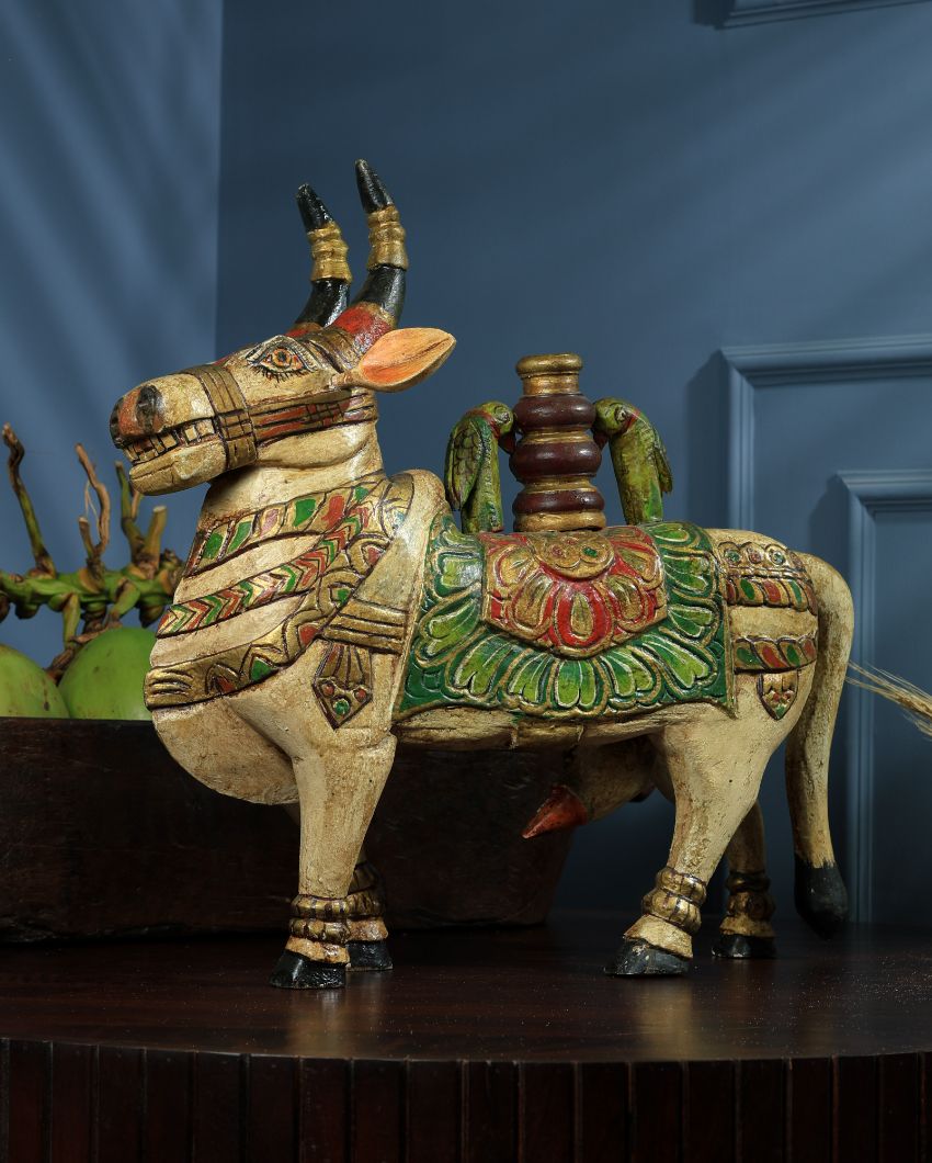 Heritage Craft in Mango Wood Nandi Painted Showpiece Table Ornament | 20 x 10 x 19 inches