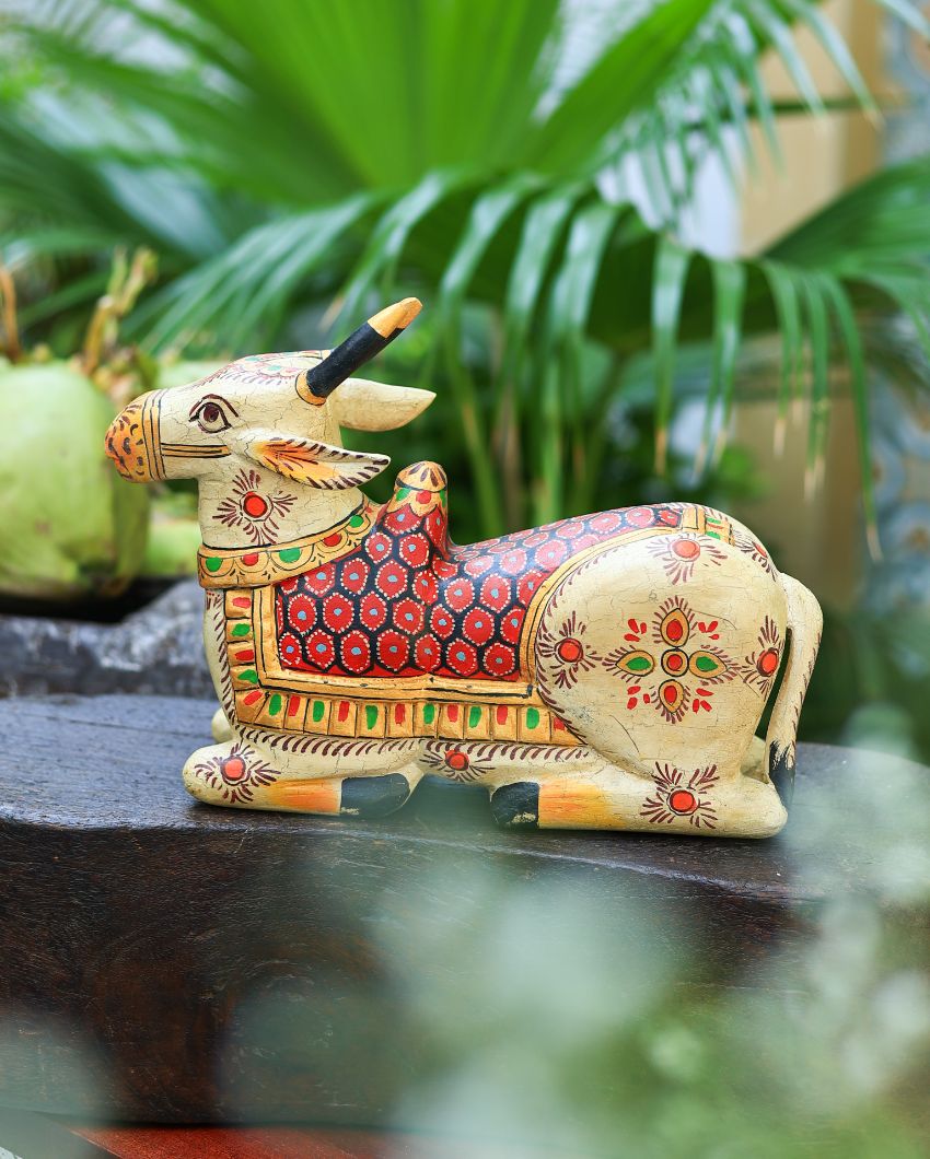 Divine Craftsmanship in Mango Wood Nandi Showpiece Table Ornament | 14 x 4 x 10 inches