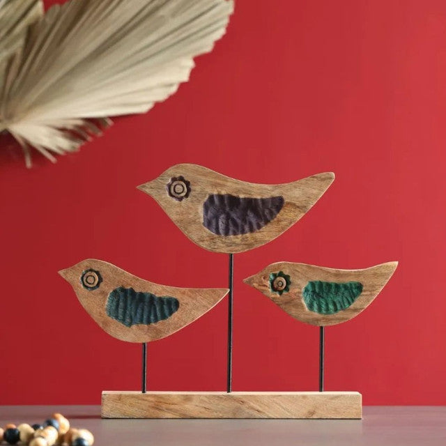 Water Color 3 Birds On Stand Wooden Sculpture