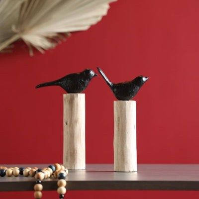 Bird On Log Wooden Decor Sculptures | Set Of 2