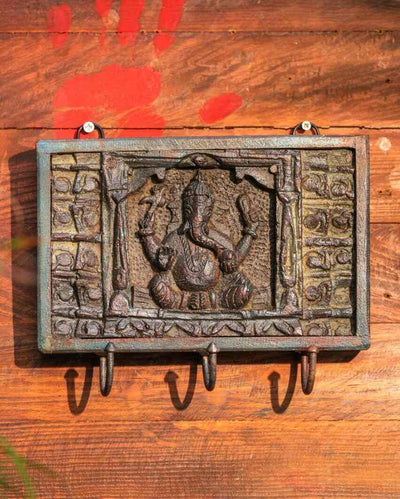 Hindu-cultural Ganesha Wooden Panel with Hooks | 9 x 3 x 7 inches