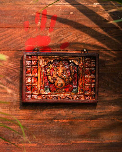 Beautiful Design Ganesha Painted Wall Decor Panel  | 9 x 2 x 6 inches