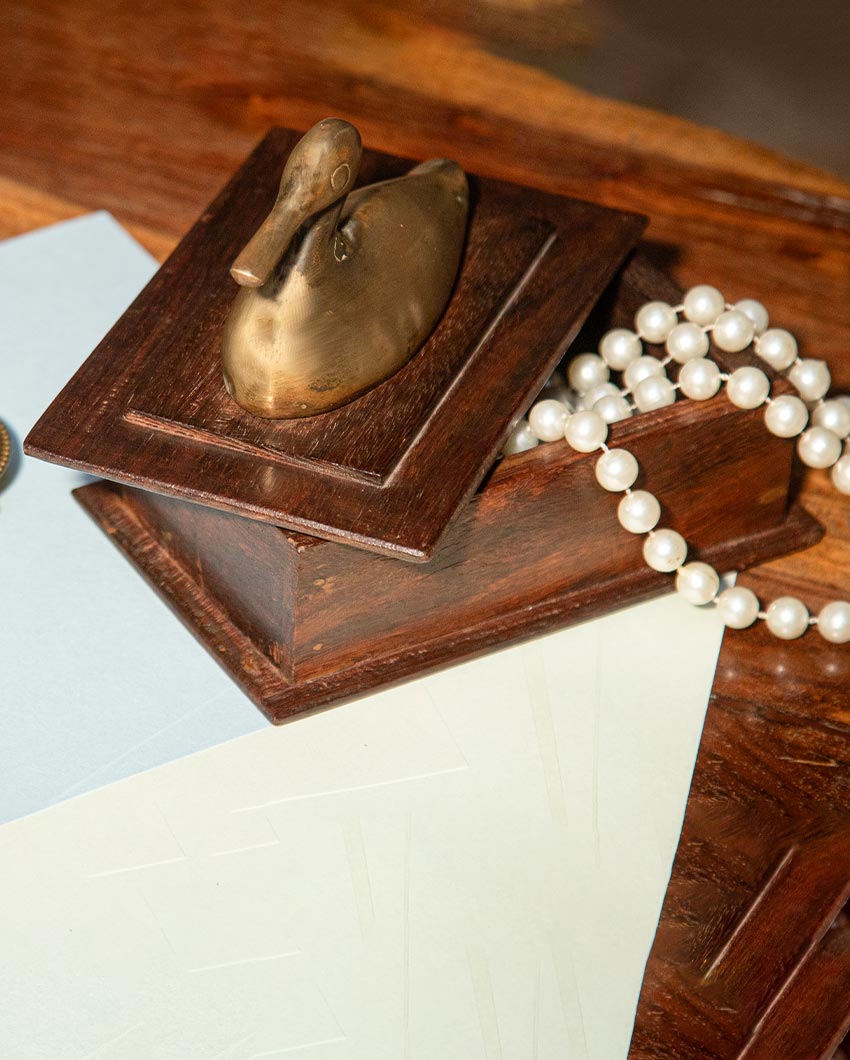 Exquisite Wooden Box with Pure Brass Goose Ornament | 15 x 10 x 12 cm/ 6 x 4 x 5 inches