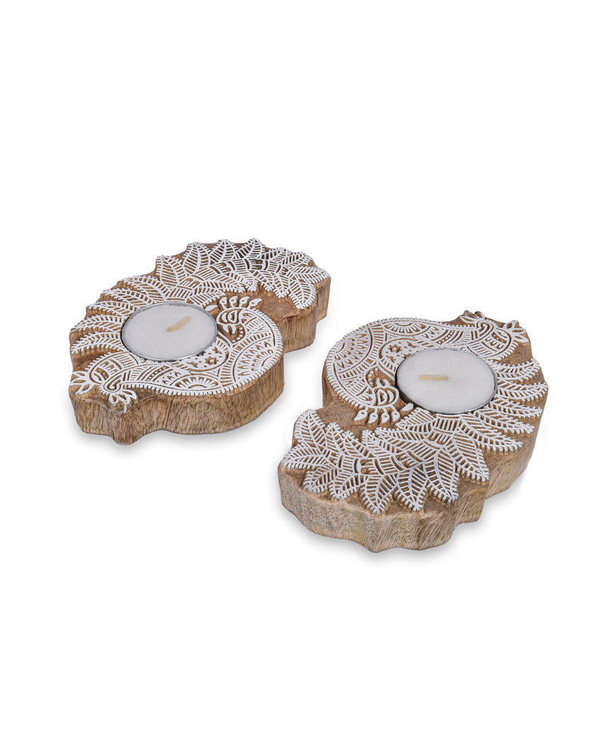 Charming Wooden Peacock Tealight Holders | 12 x 7 x 2 cm/ 5 x 3 inches