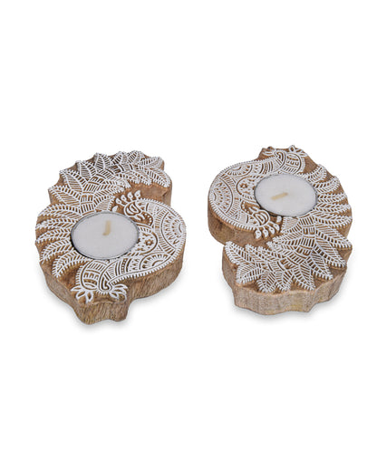 Charming Wooden Peacock Tealight Holders | 12 x 7 x 2 cm/ 5 x 3 inches