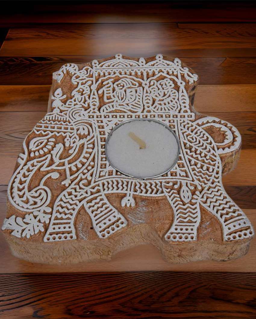 Elegant Wooden Elephant Tealight Holders | 10 x 10 cm/4 x 4 inches