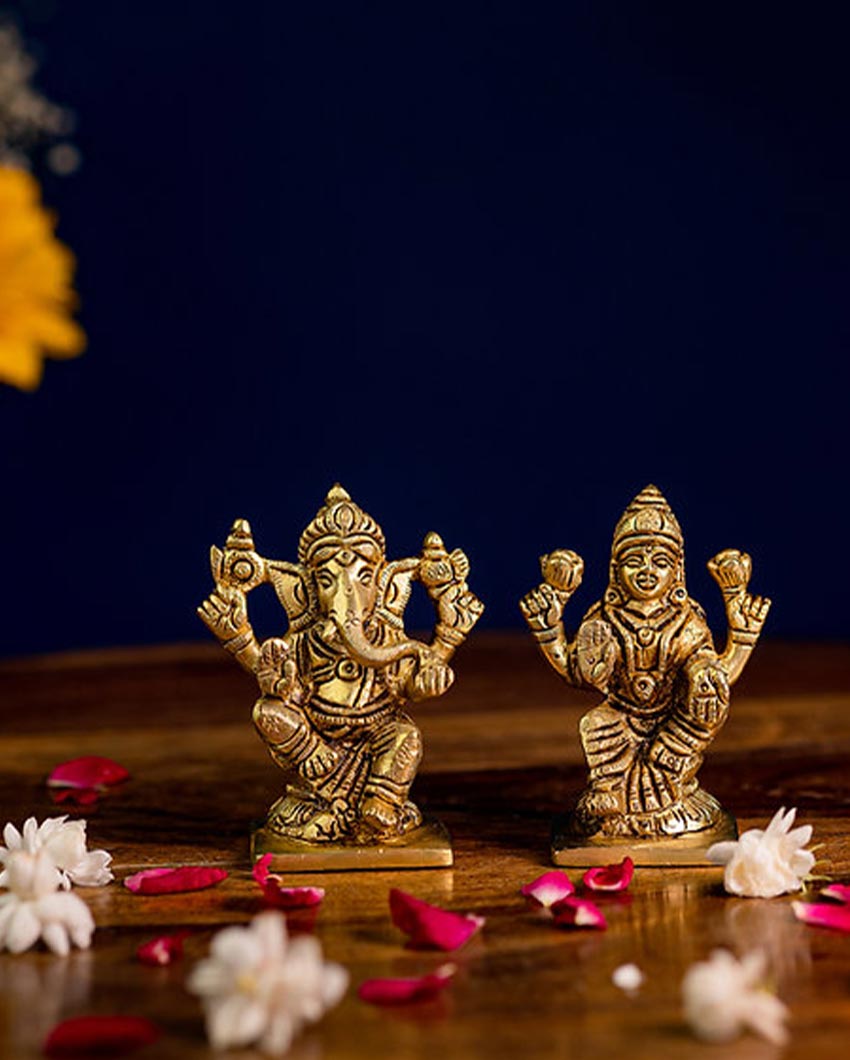 Divine Laxmi and Ganesh Set Religious Sculpture | Mustard | Pack of 2 |5 x 5 x 7 cm/ 2 x 3 inches