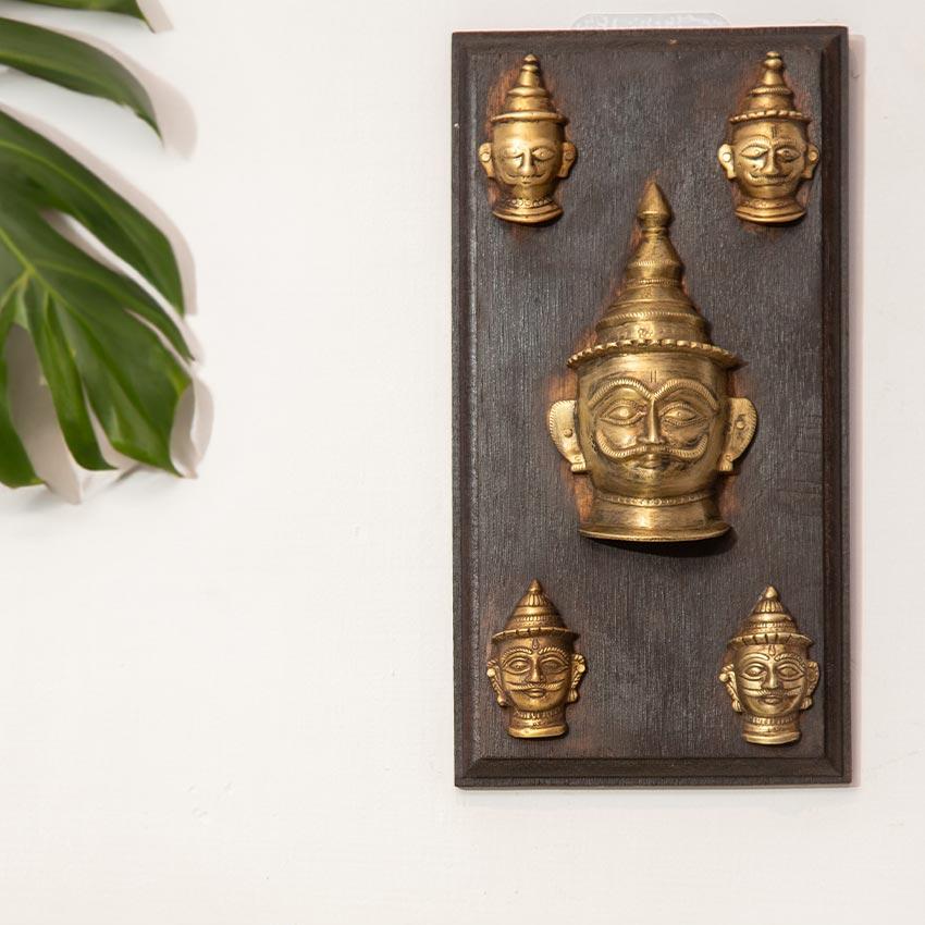 Antique Wall Frame with Brass Faces Art | 14 x 2 x 27 inches