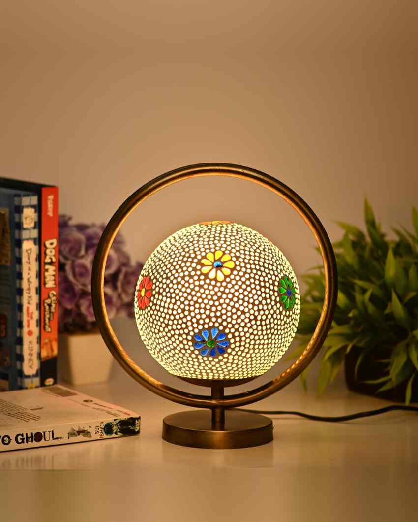 Prachtkerze Decorative Round Table Lamp with Colorful Glass Shade | 9 x 10 inches