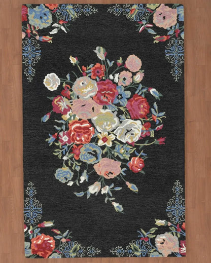 Hand-Tufted Black Wool Rug With Farmhouse Pattern | 8 x 10 Feet