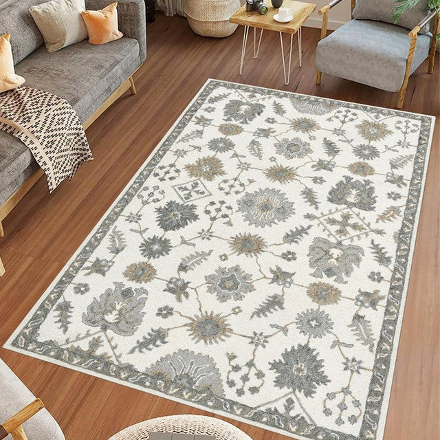 White Floral Pattern Hand Tufted Carpet | 10 x 8 Feet