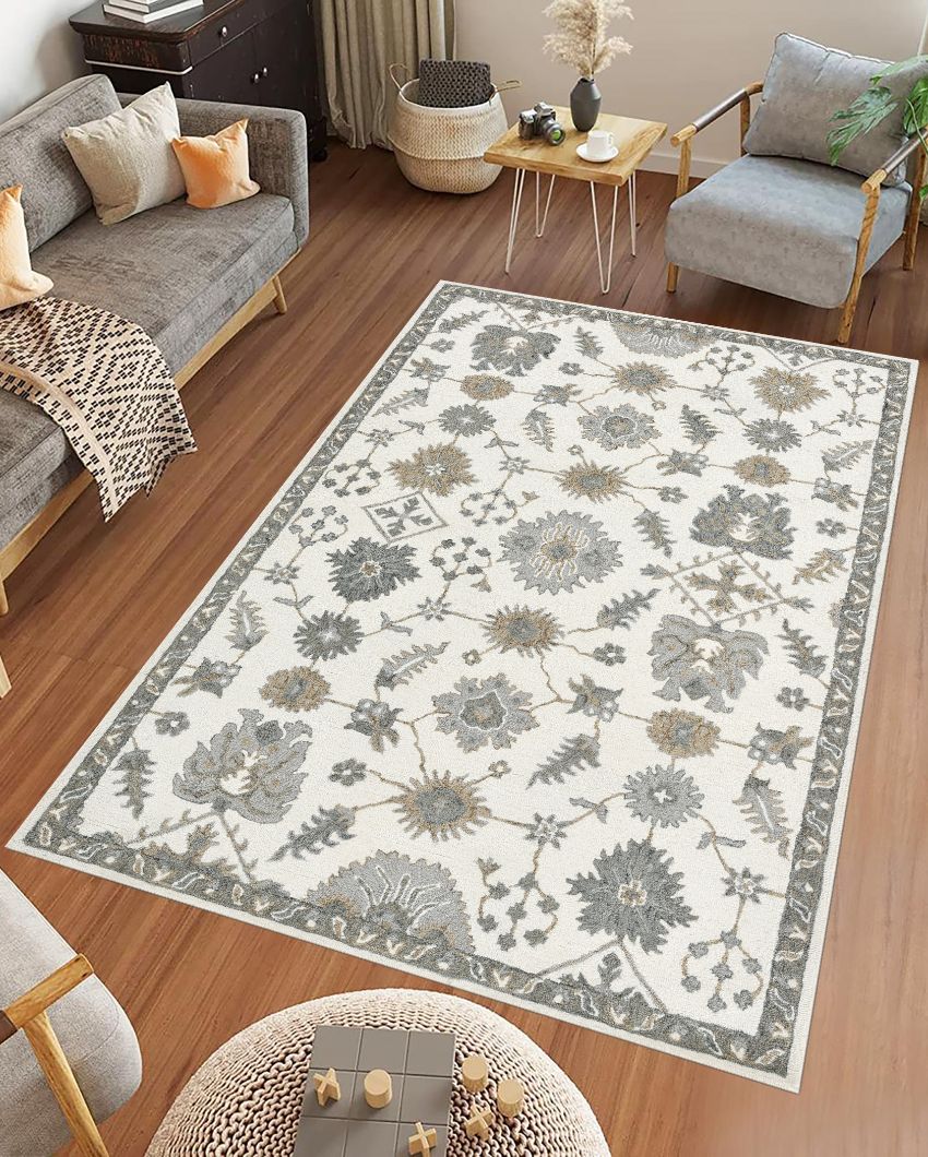 White Floral Pattern Hand Tufted Carpet | 10 x 8 Feet