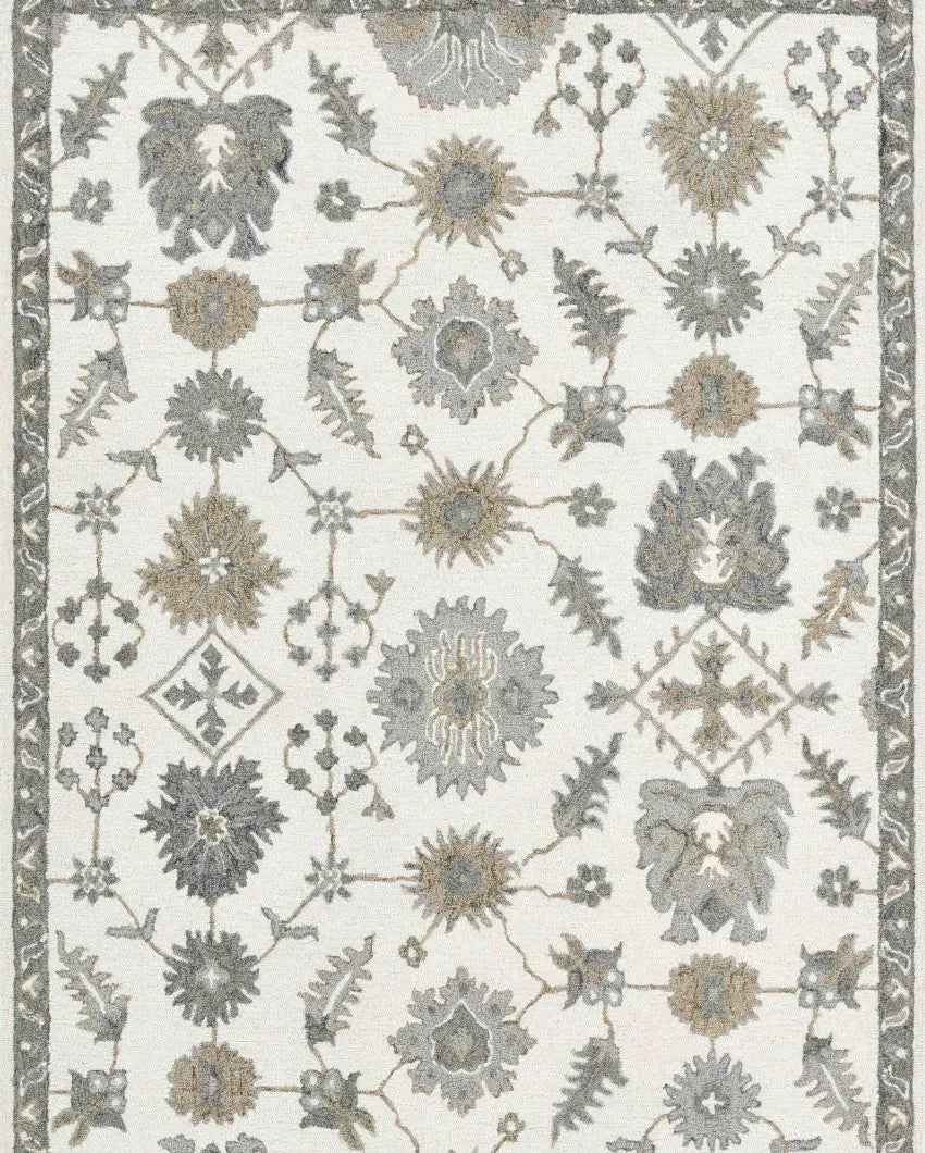 White Floral Pattern Hand Tufted Carpet | 10 x 8 Feet