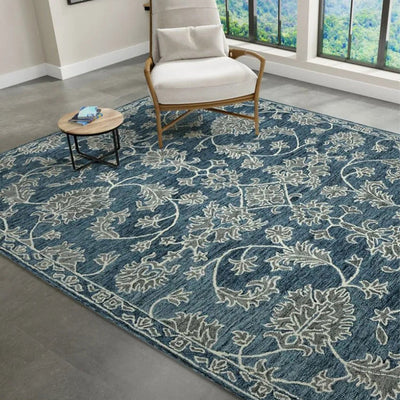 Hand-Tufted Blue Wool Rug with Floral Pattern | 8 x 10 Feet