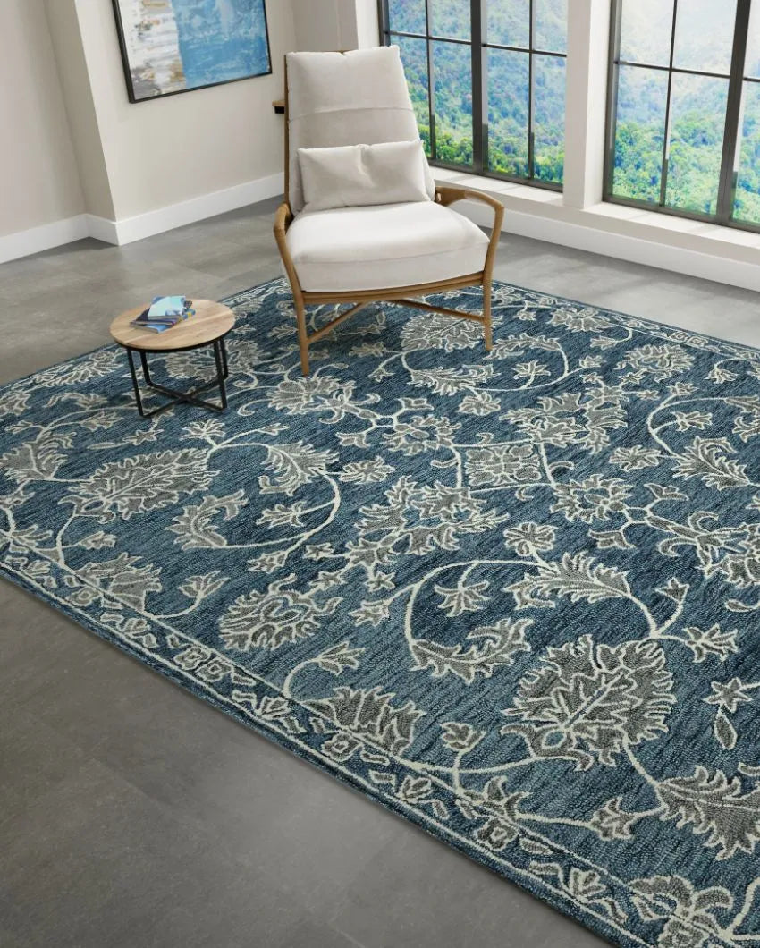 Hand-Tufted Blue Wool Rug with Floral Pattern | 8 x 10 Feet