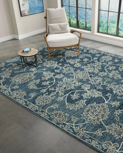 Hand-Tufted Blue Wool Rug with Floral Pattern | 8 x 10 Feet