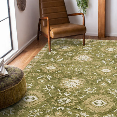 Hand-Tufted Olive Green Wool Rug with Floral Pattern | 8 x 10 Feet