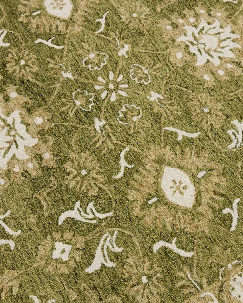 Hand-Tufted Olive Green Wool Rug with Floral Pattern | 8 x 10 Feet