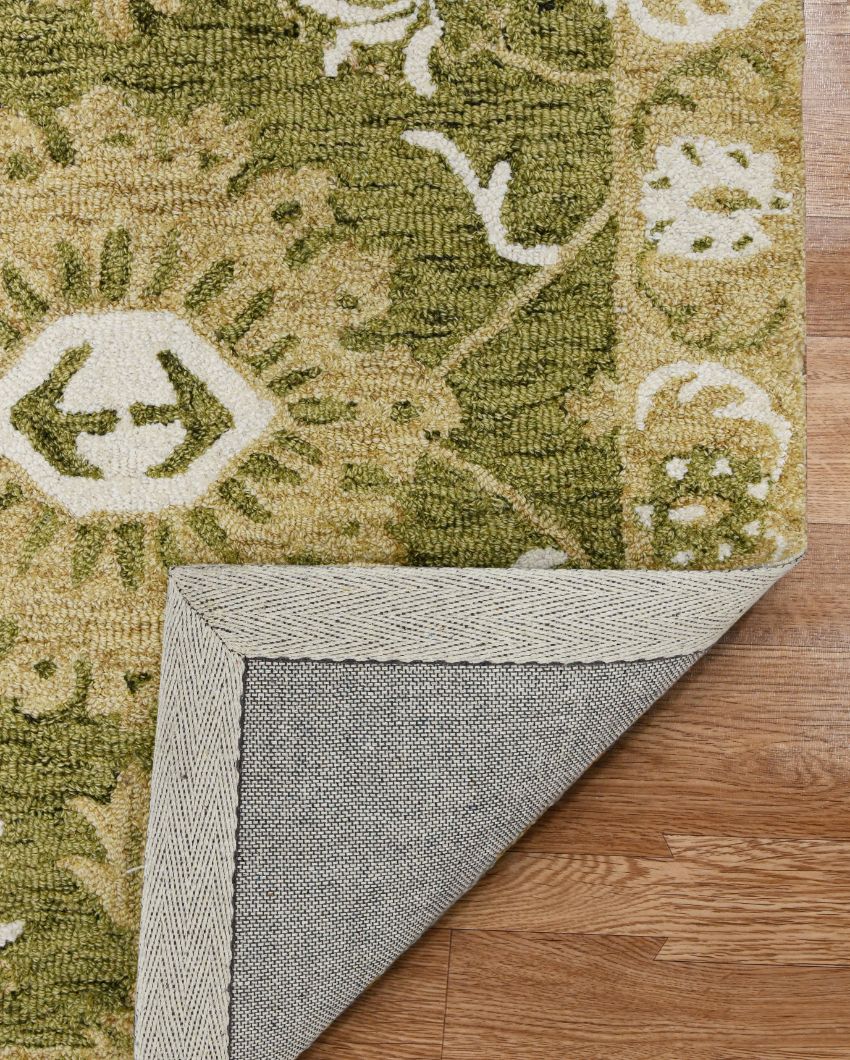 Hand-Tufted Olive Green Wool Rug with Floral Pattern | 8 x 10 Feet