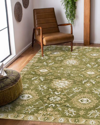 Hand-Tufted Olive Green Wool Rug with Floral Pattern | 8 x 10 Feet