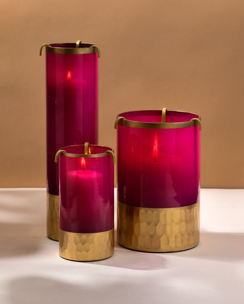 Rani Pink Candle Holders With Pillar Candles Gift | Set Of 3