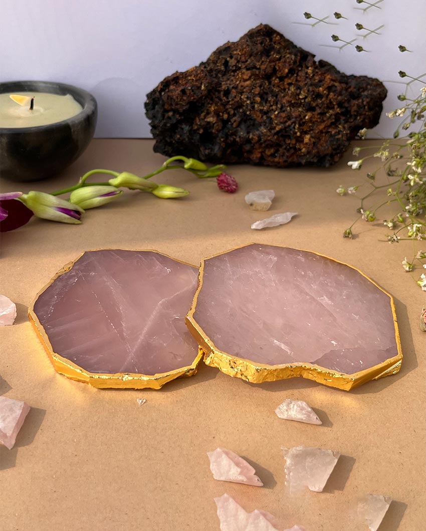 Luxurious Rose Pink Quartz and Gold Platted Table Coaster | Set of 2 | 4 inches