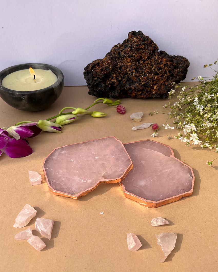 Graceful Rose Pink Quartz and Gold Platted Table Coaster | Set of 2 | 4 inches