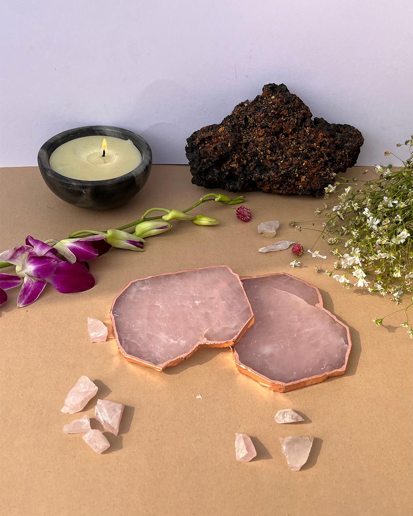 Graceful Rose Pink Quartz and Gold Platted Table Coaster | Set of 2 | 4 inches