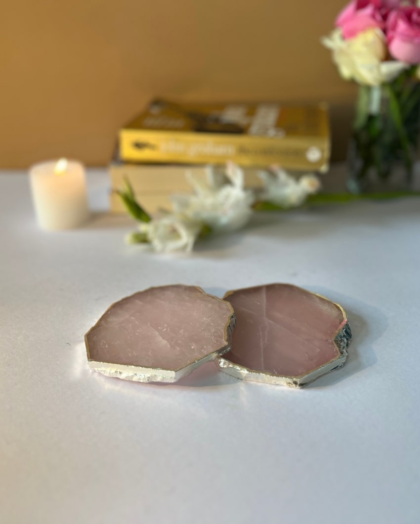 Sophisticated Pink Rose Quartz and Silver Platted Table Coaster | Set of 2 | 4 inches