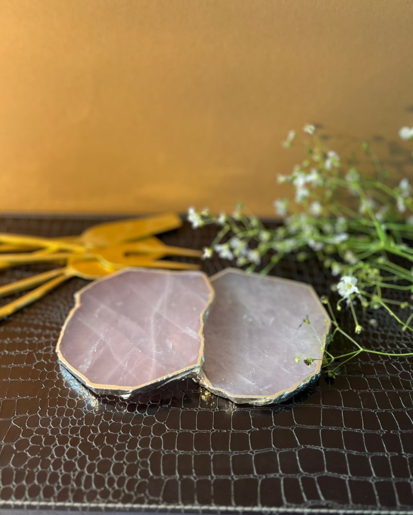 Sophisticated Pink Rose Quartz and Silver Platted Table Coaster | Set of 2 | 4 inches