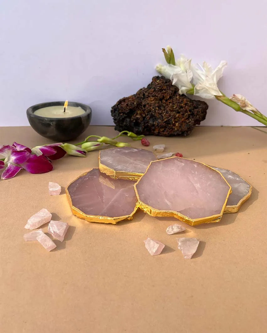 Rose Quartz Gold Plated Table Coasters | Set Of 4 Set Of 4