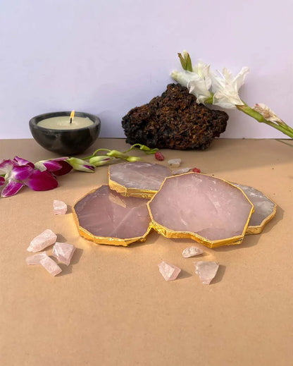 Rose Quartz Gold Plated Table Coasters | Set Of 4 Set Of 4