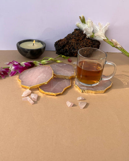 Rose Quartz Gold Plated Table Coasters | Set Of 4 Set Of 4