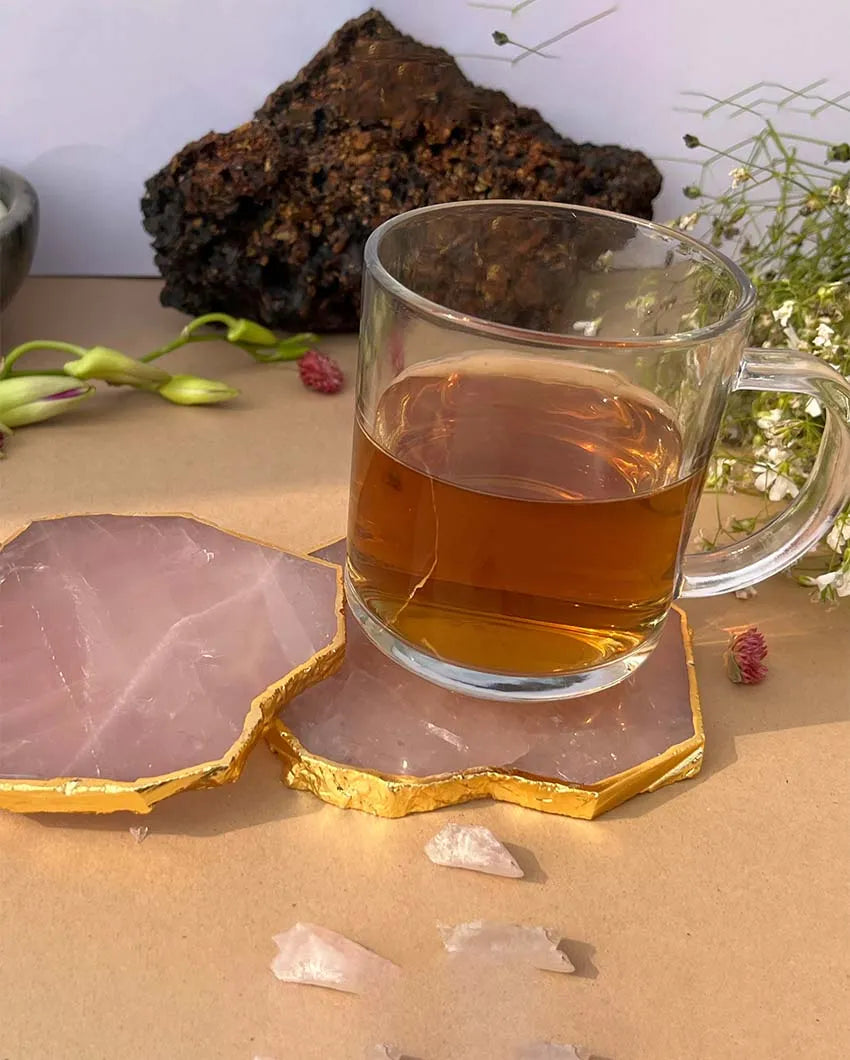 Rose Quartz Gold Plated Table Coasters | Set Of 4 Set Of 4