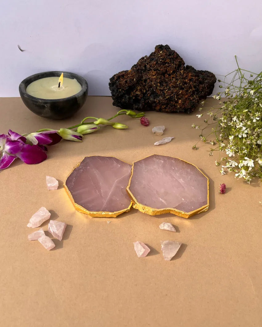 Rose Quartz Gold Plated Table Coasters | Set Of 4 Set Of 2