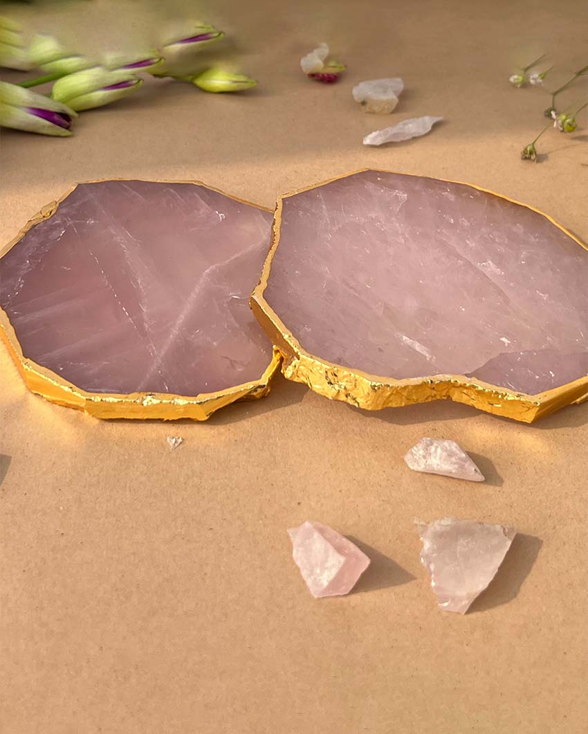 Rose Quartz Gold Plated Table Coasters | Set Of 4 Set Of 2