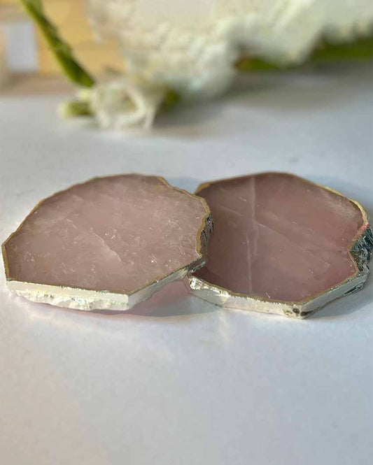 Beaming Rose Quartz Silver Plated Table Coasters | Set Of 2