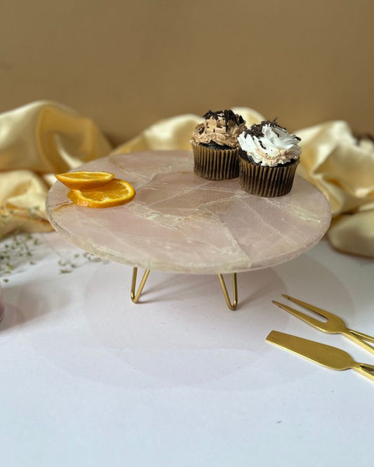 Simple Round Rose Quartz Cake Stand With Metal Stand