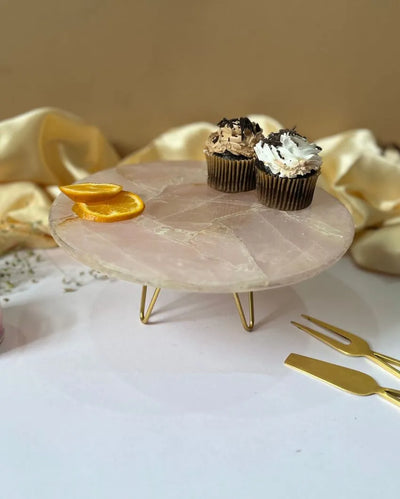 Simple Round Rose Quartz Cake Stand With Metal Stand