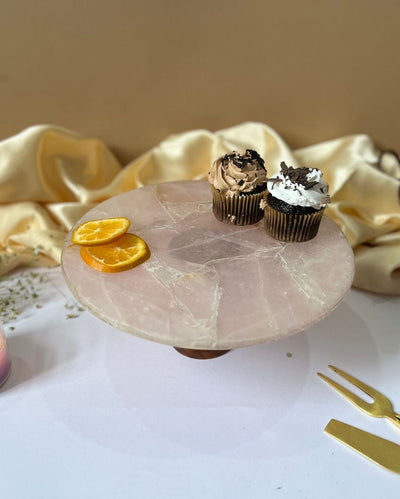 Classy Round Rose Quartz Cake Stand With Wooden Stand