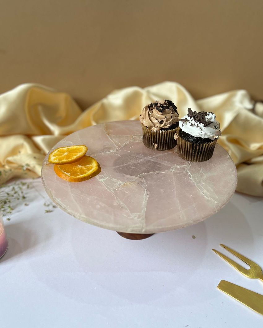 Classy Round Rose Quartz Cake Stand With Wooden Stand