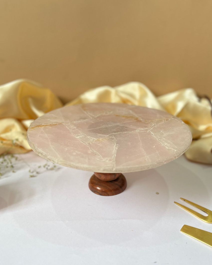 Classy Round Rose Quartz Cake Stand With Wooden Stand