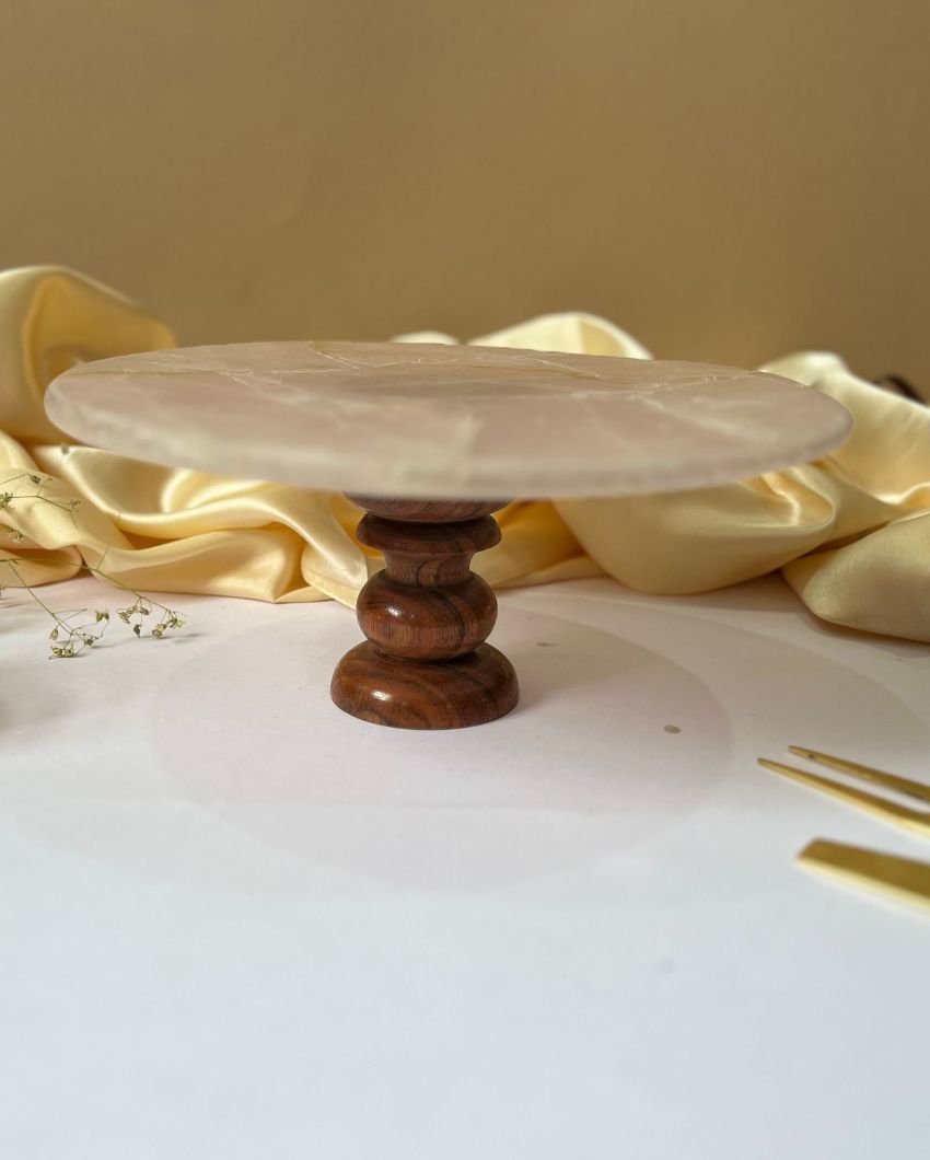 Classy Round Rose Quartz Cake Stand With Wooden Stand