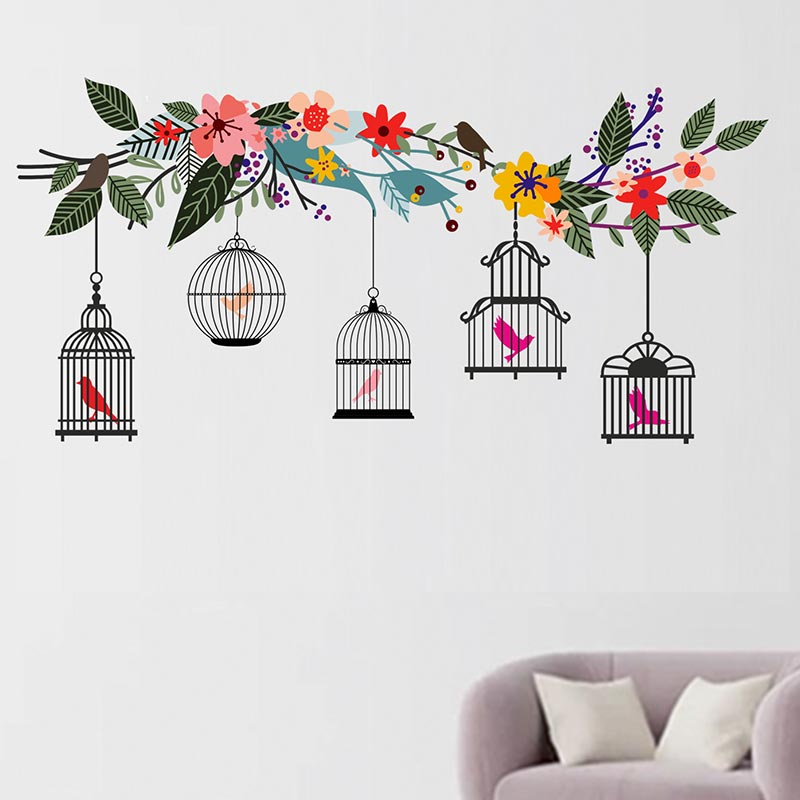 Colorful Flower Branch With Birds Cage Wall Sticker Default Title