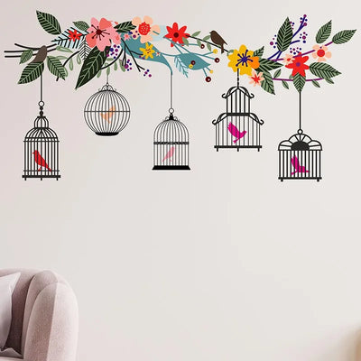 Colorful Flower Branch With Birds Cage Wall Sticker Default Title