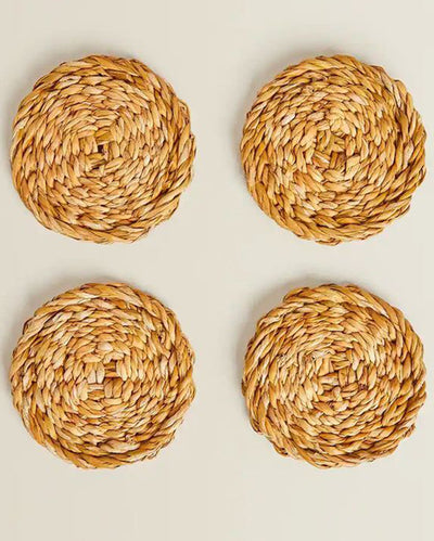 Artisanal Beige Rattan Tea Coasters | Set of 4 | 4 inches