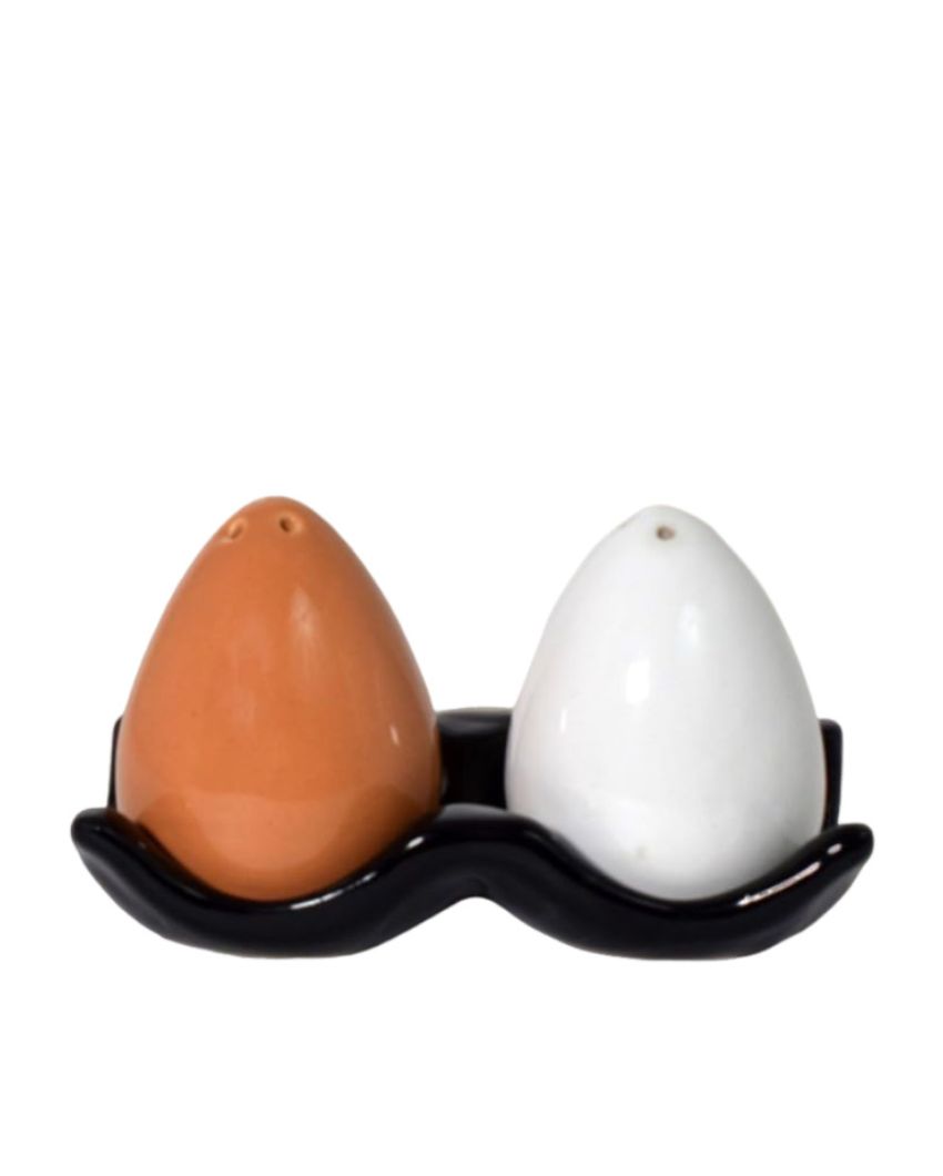 Cute Ceramic Handcrafted Salt & Pepper Shakers With Trays | Set Of 2